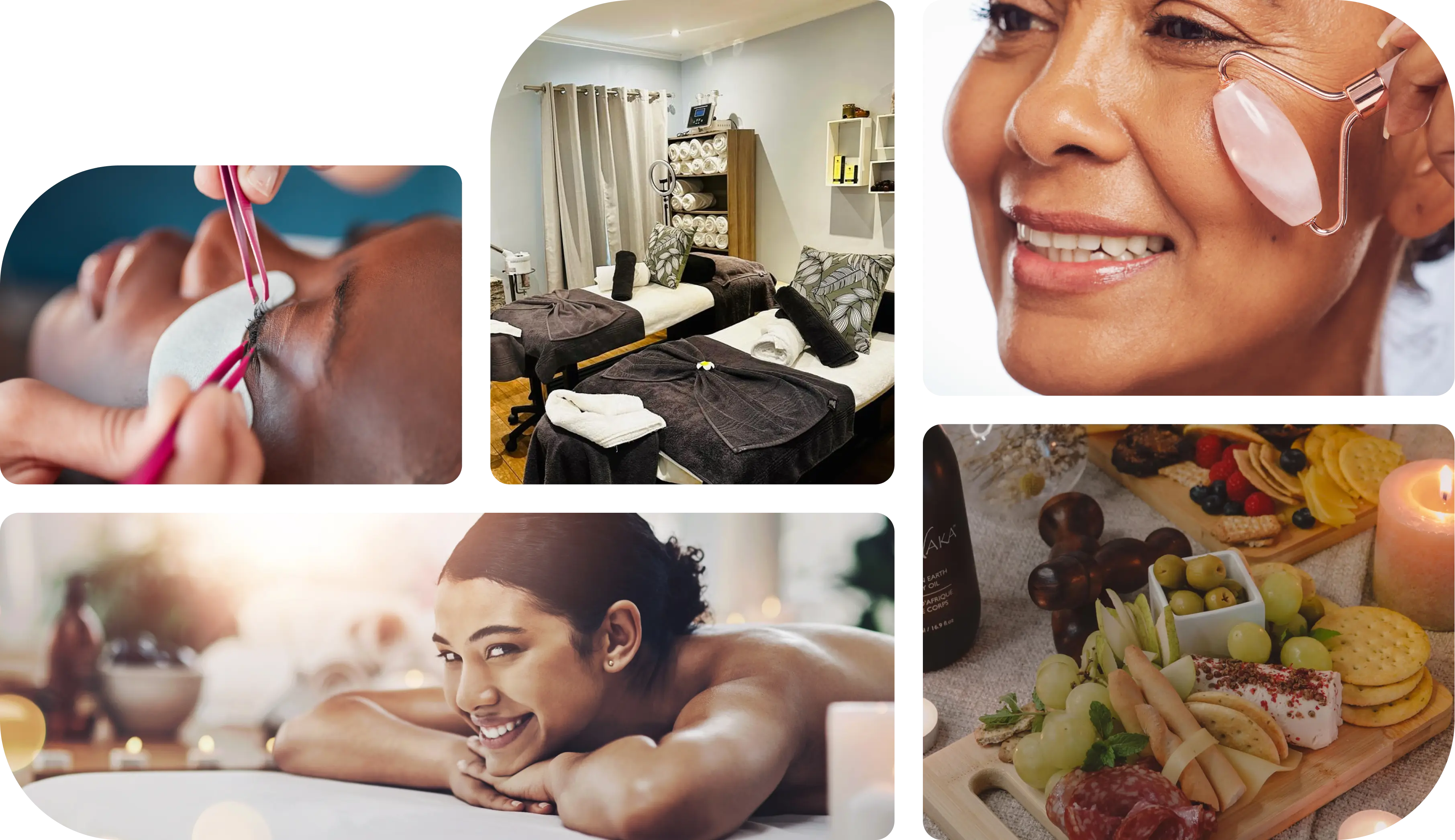 Collage of pictures showing some of the therapists, treatments such as massages, a lady getting her nails done at the Pause Spa nail bar, and two beds inside a treatment room at Pause Spa
