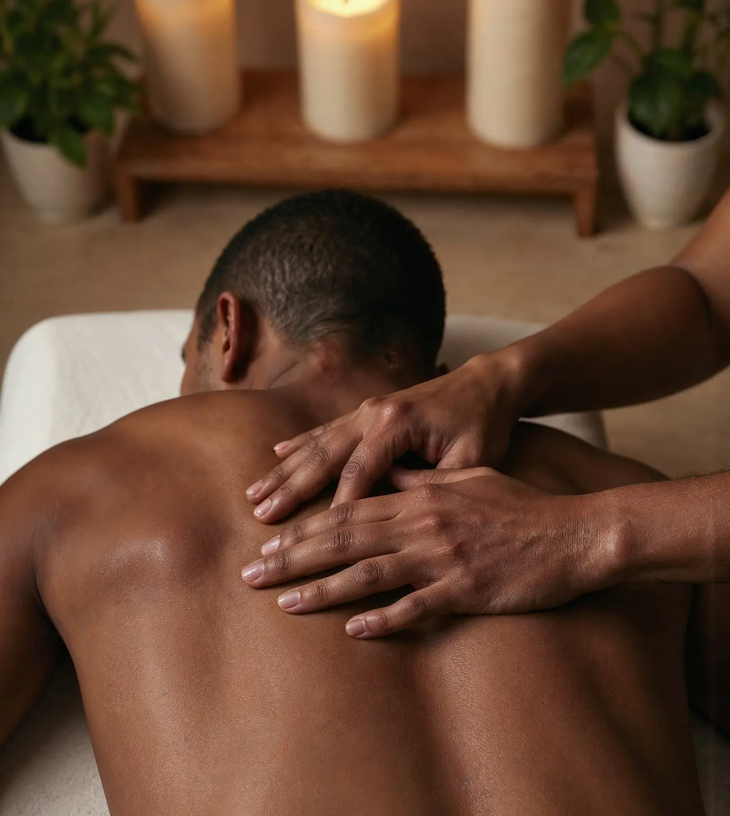 African man enjoying a deep tissue back massage during his Sport Massage Targeted Therapy experience at Pause Spa