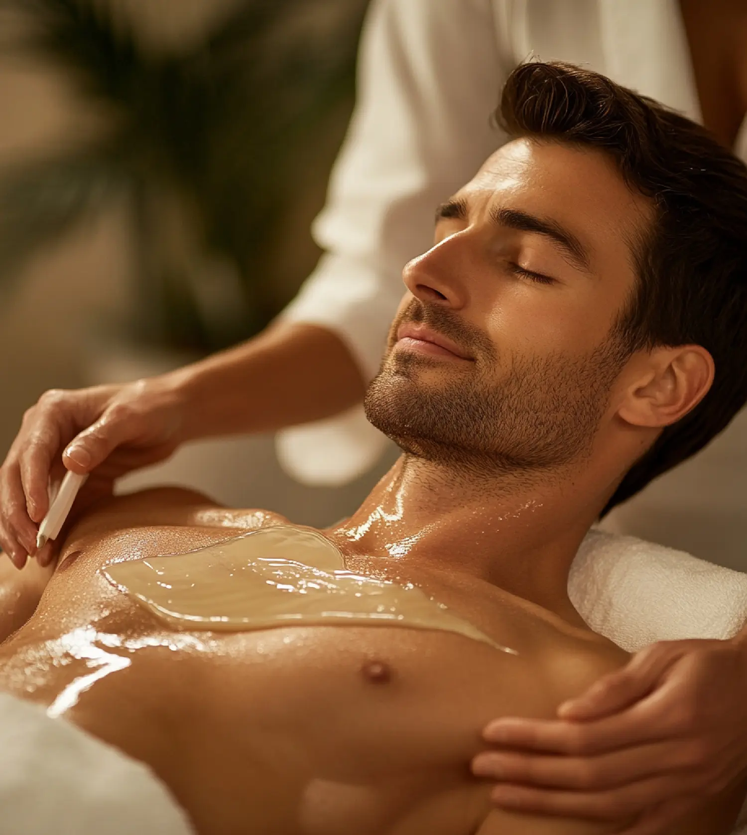 Man enjoying a chest waxing treatment during his Upper Back/Chest Wax experience at Pause Spa