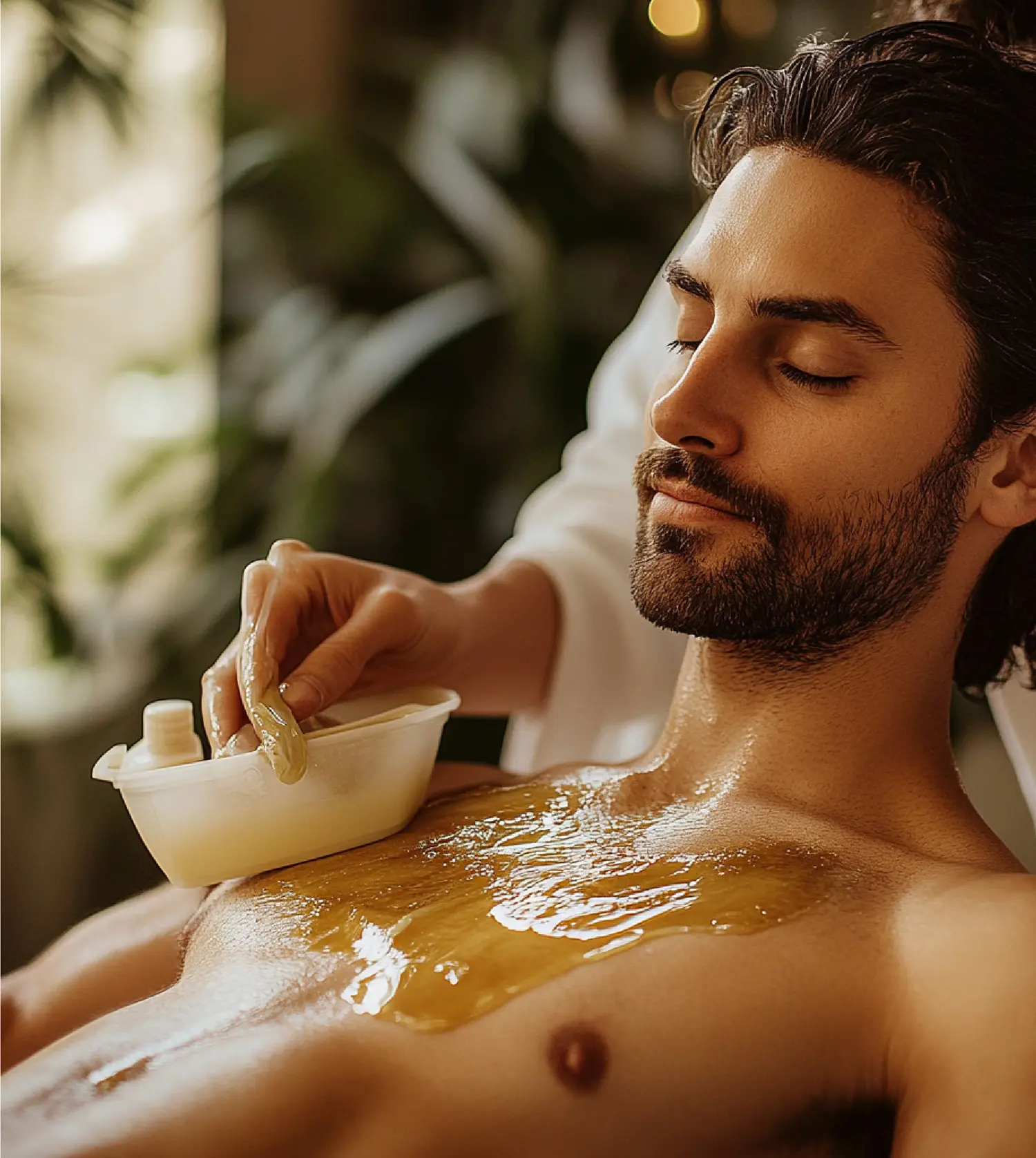 Man enjoying a chest waxing treatment during his Full Chest Wax experience at Pause Spa